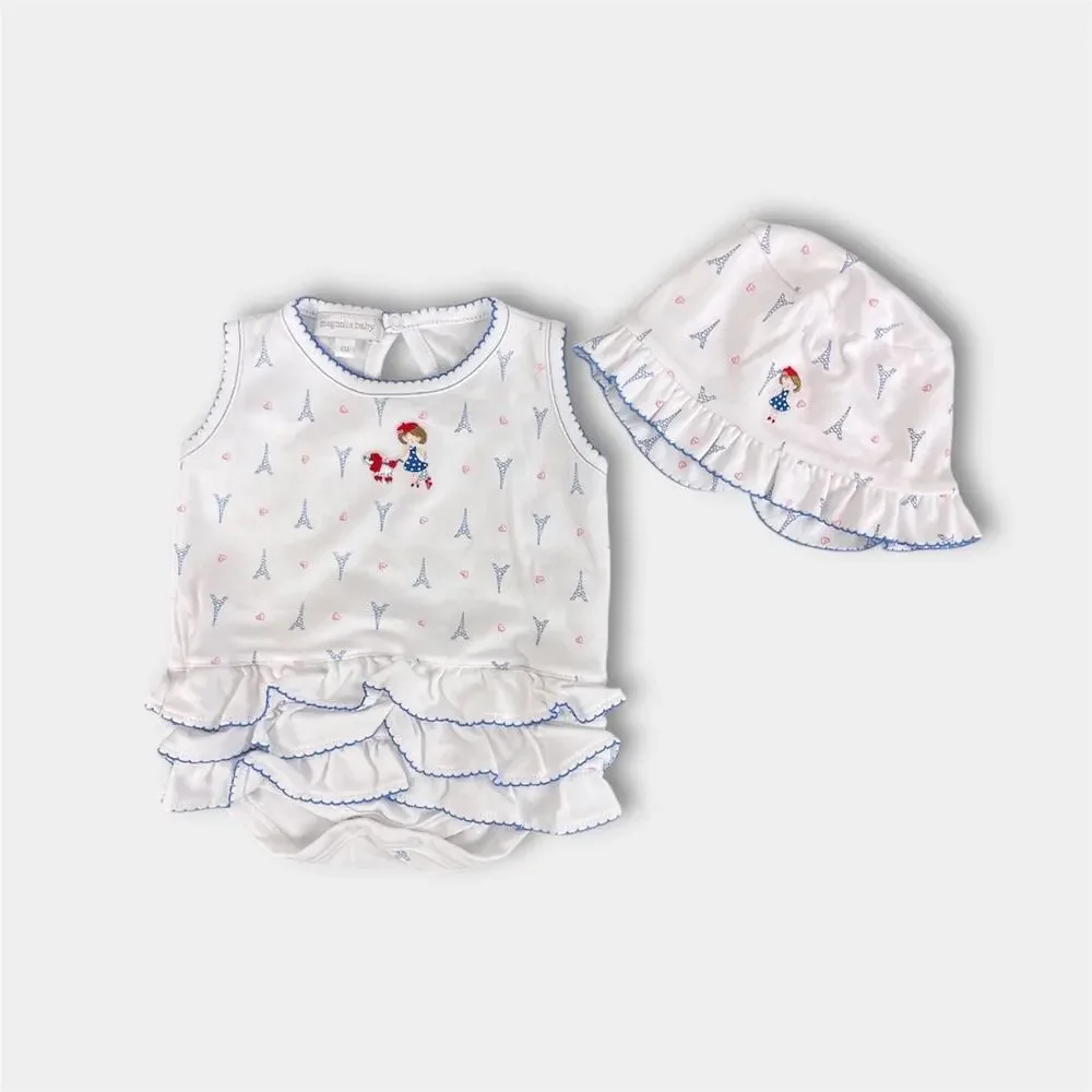 Magnolia Baby Ruffle Bubble Romper & Sun Hat Paris Print 6 Months